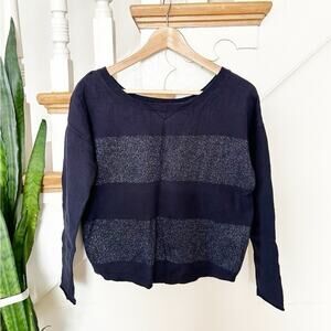 Banana Republic Navy Blue Metallic Stripe Cotton Wool Blend Sweater Size XS